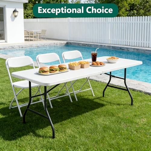 Folding Table 6FT Heavy Duty Plastic Table with Handle, Foldable&Portable, Fold-in-Half Utility Tables for Outdoor, Dining, Wedding, Events, Indoor, Picnic, Camping, Party, White - Image 3
