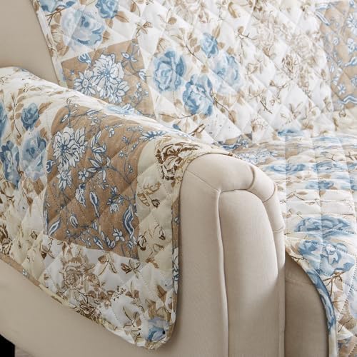 Great Bay Home Reversible Floral Patchwork Sofa Furniture Protector - Machine Washable, Scalloped Edge, Stain Resistant, Printed Furniture Cover for Dogs, Kids, and Pets (Taupe/Blue) - Image 6