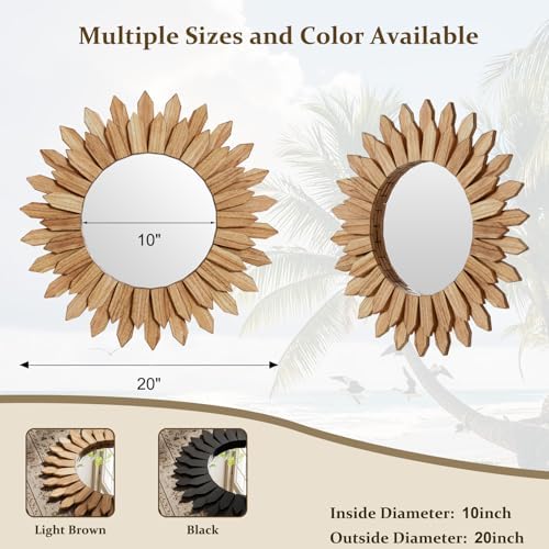 20" Round Sunburst Wooden Mirror Boho Rustic Wall Decor - Image 7