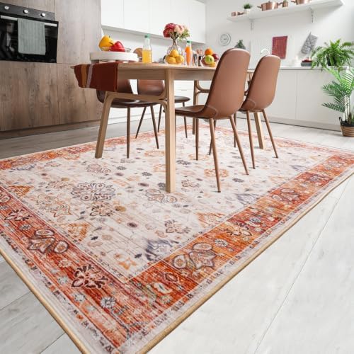 Hanples 4x6 Area Rugs for Living Room, Washable Rug Vintage Floral, Orange - Image 3