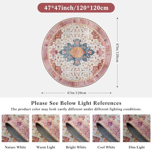 Moynesa Ultra-Thin Washable Round Rug - 4ft Pink Oriental Circle Area Rugs for Nursery Bedroom, Vintage Non Slip Non Shedding Low Pile Carpet for Living Room Coffee Table Entryway - Image 2