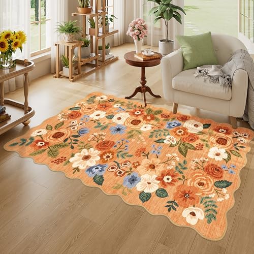DUKINO 3x5 Area Rugs, Non Slip Floral Washable Rug for Bedroom, Orange - Image 3