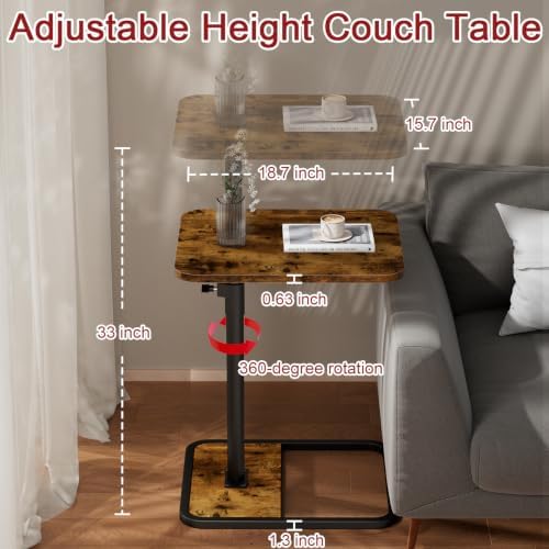 GOYLSER Large C-Shaped Tables Small Swivel End Table, Height Adjustable Side Tables Living Room, Rotating Snack Couch Wooden Tv Trays for Eating On Couch, Rustic Brown - Image 2
