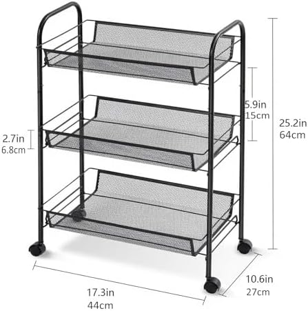 3 Tier Metal Rolling Storage Cart Movable, with Wheels, Hooks - Image 3