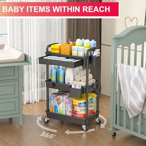 Goovilla 3 Tier Rolling Utility Cart Organizer with Removable Drawer, Black - Image 6