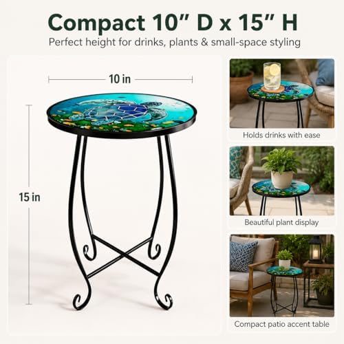 2-Pack 15 Inch Tall Mosaic Patio Side Tables Style, Metal Folding Turtle Table Set, Shatterproof Outdoor Patio Table for Porch Deck, Rust Resistant Small Garden Table (Set of 2) - Image 2