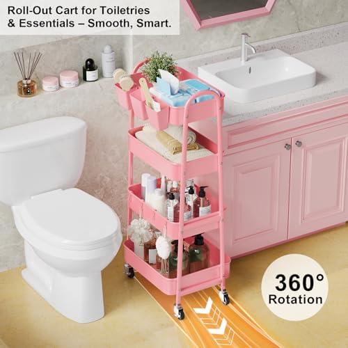 4 Tier Rolling Cart Metal with Lockable Wheels, Four Tiered Utility Carts - Image 6