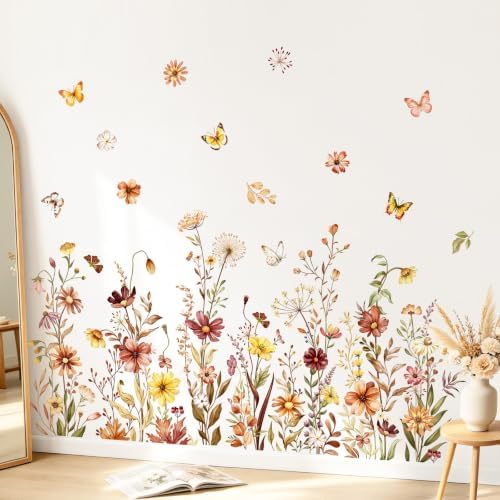Supzone Boho Flower Wall Decals Wildflower Butterfly Grass Wall Stickers | Peel and Stick Autumn Floral Vinyl Stickers for Girls Bedroom Living Room TV Sofa Backdrop Fall Home Decorations - Image 3