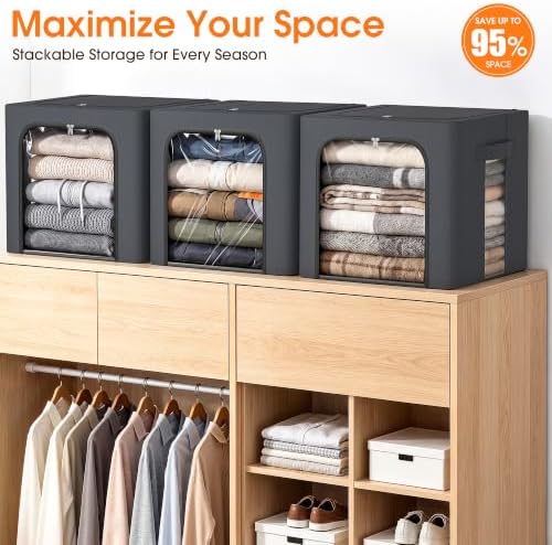3 Pack Clothes Storage Bins with Metal Frame,40L Storage Bags Fabric Box Organizer with Clear Window,Zippers,Sturdy Handles(3 Pcs,Light Grey,40L) - Image 2