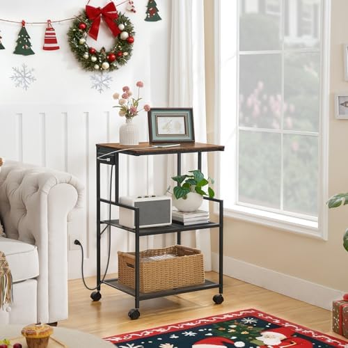 MAHANCRIS Mobile Printer Stand, 3-Tier Industrial Printer Cart with Power Outlets and 2 USB Ports, Rolling Printer Table on Wheels for Home Offices Kitchen Organization Rack, Rustic Brown PTHR78E01 - Image 3