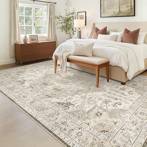 Madane 5x7 Area Rugs for Living Room, Non-Slip Washable Rug, Ivory/Brown - Image 3