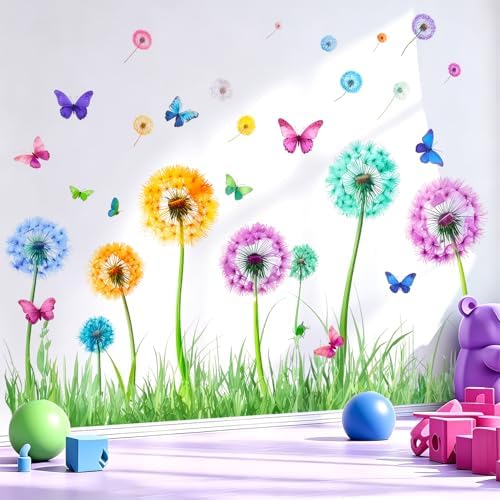Colorful Floral Flower Dandelion Butterfly Wall Decals Stickers Decor Art | Removable butterflies spring grass wall decor stickers mural - nature art for living room bedroom nursery kids room classroom by VePret