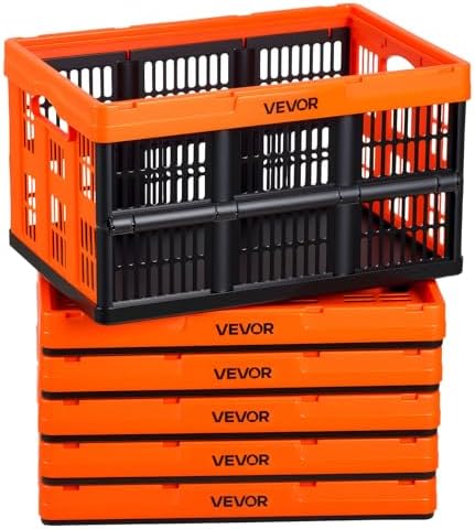 VEVOR Plastic Collapsible Storage Bins, 45L 6 Packs, Stackable Folding Storage Crates with Handles, Holds 33 lbs Per Bin, Foldable Heavy Duty Containers, Space-Saving Baskets, for Home Organizing by VEVOR
