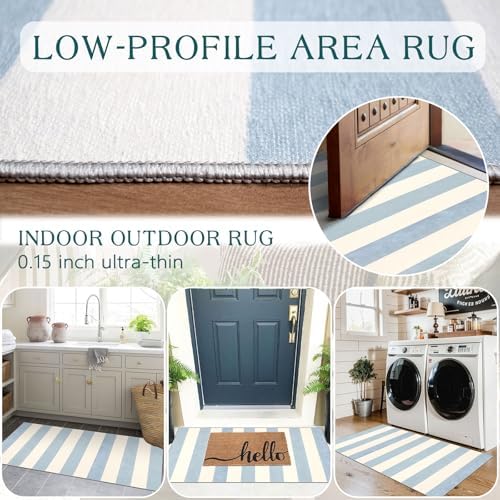 Front Door Mat Indoor Entrance - 2x4.3 Ft Washable Layered Doormat Outdoor Entrance Welcome Mat Front Porch Rug Non-Slip Blue White Striped Runner Rug for Kitchen Bedroom Front Porch Decor - Image 4