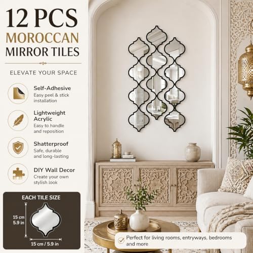 12PCS Moroccan Style Acrylic Wall Mirror Panels, Self-Adhesive Decorative Mirror Tiles for Bathroom, Living Room, Entryway Accent Wall, Lightweight Shatterproof Home Wall Decor (Black) - Image 2