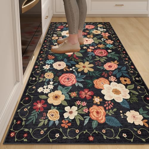 DUKINO 3x6 Runner Rug, Non Slip Floral Washable Rug for Kitchen, Black by DUKINO