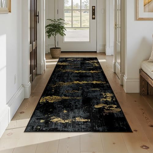 RELEANY Washable Runner 3'x7' Abstract Area Rug for Hallway Black Gold - Image 3