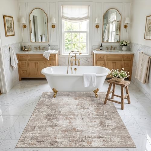 5x5 Square Entryway Rug Washable – Non-Slip Small Area Rug for Kitchen or Bathroom, Soft Low-Pile Indoor Mat, Modern Abstract Thin Door Carpet (Beige Grey) - Image 4