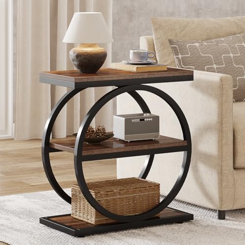 Tribesigns End Table, Narrow End Table with 3 Storage Shelves, Wood Side Table with Black Metal Frames, Industrial Small Sofa Side Table for Living Room, Slim Nightstand and Bedside Table for Bedroom by Tribesigns