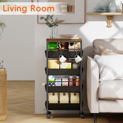 5-Tier Kitchen Storage Cart, Wood Top Rolling Cart Organizer with Pull-Out Baskets & Wheels, Metal Snack Cart with Holder for Fruit, Vegetable, Microwave, Kitchen, Pantry, Black - Image 4