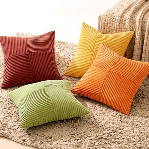 MIULEE Fall Burnt Orange Decorative Throw Pillow Covers 20x20 Inch Set of 4 Boho Color-Clash Cushion Covers Modern Farmhouse Pillow Cases Corduroy Striped Home Decor for Couch Sofa Bed - Image 5