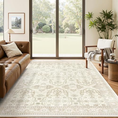 Soalmost 5x7 Area Rug Low Pile Washable Trendy Faded Style Rug, Beige/Brown by Soalmost