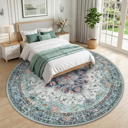 RELEANY Washable Area Rug, Round 10ft, Teal Green/White/Navy - Image 2