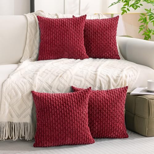 Set of 4 Burgundy Decorative Throw Pillow Covers 26x26 Inch Corduroy Pillow Covers for Bed Couch Sofa Living Room Soft Square Cushion Cases - Image 2