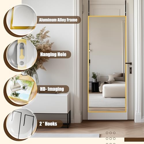 Antok Over The Door Mirror Full Length, 49'' x 14''Wall Mounted Hanging Mirror, Aluminum Alloy Frame, Shatterproof Glass, No Drill Installation for Bedroom, Closet, Bathroom, Dorm, Rect Corner, Gold - Image 5