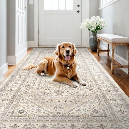4x8 Washable Hallway Runner Rug - Non-Slip Vintage Kitchen Rugs Beige Gray by Puino