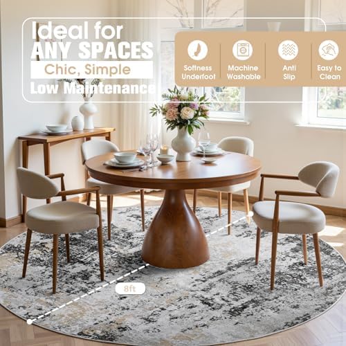 Round Rug 8ft Washable Rug for Dining Room Living Room Black Grey Gold - Image 3