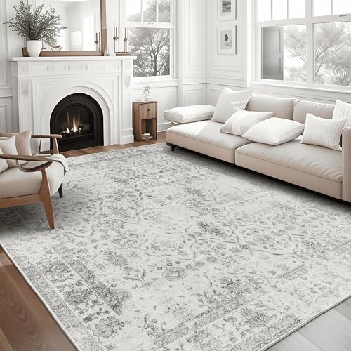 ReaLife Rugs Machine Washable Area Rug - Living Room Bedroom Bathroom Kitchen Entryway Office - Padded Low Pile Stain Resistant Premium - Boho Farmhouse Vintage - Noor - Ivory Grey 4' x 6' by ReaLifeRugs