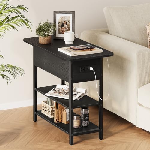 Yoobure End Table with Charging Station, Flip Top Side Table with USB Ports and Outlets, Sofa Couch Table Bedside Table for Living Room Bedroom, Narrow Nightstand with Storage Shelves for Small Space - Image 6