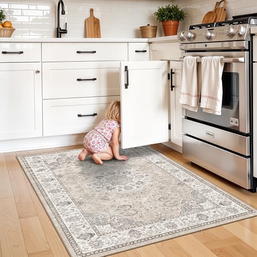 Washable Hallway 3x4 Floor Mats: Farmhouse Non-Slip Kitchen Sink Area Rug Water-Resistant Small Carpet for Living Room Bathroom Thin Soft Doormat Easy-Clean Decorative Rug for Pets Family(3x4,Beige) - Image 4