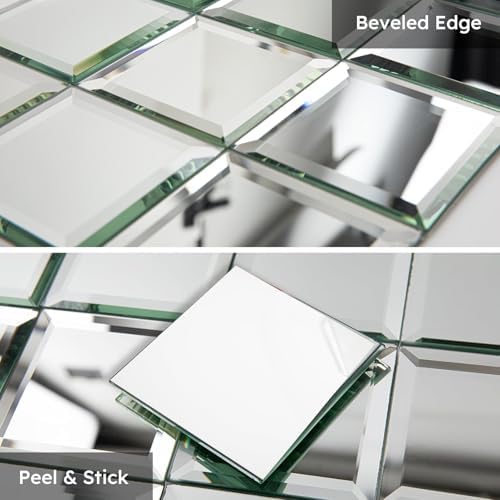 Diflart 32 Pcs Mirror Peel and Stick Tile, Silver, 3x3 Inch, Beveled Mirror Square Kitchen Backsplash Bar Bathroom Wall Tile - Image 4