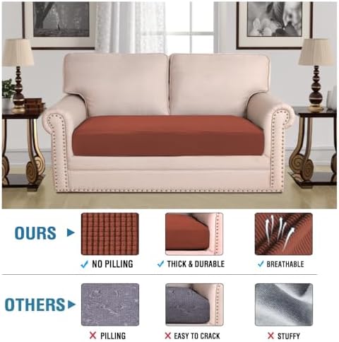 H.VERSAILTEX Super Stretch Individual Seat Cushion Covers Sofa Covers Couch Cushion Covers Slipcover Sets Thick Jacquard Textured Twill Fabric (1 Piece Loveseat Cushion Cover, Rust) - Image 2