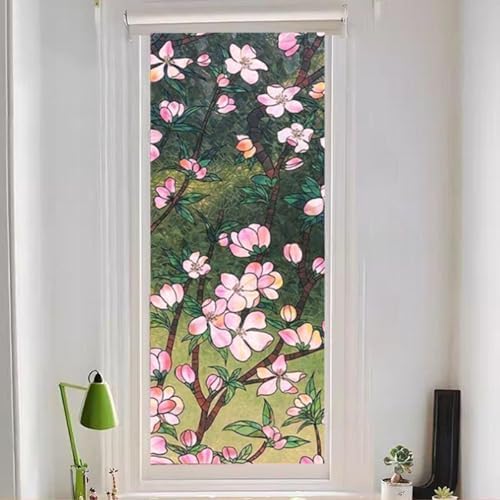 Retro Flowers Window Privacy Film, Magnolia Stained Glass Decorative Window Film for Glass, Rainbow Stained Window Cling Sticker Floral Removable Static Cling for Window (1, Peach Flower, 17x118.1in) - Image 4