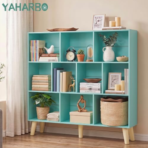 YAHARBO 10 Cube Bookshelf,3 Tier Bookcase with Legs,Green Mid-Century Modern Bookshelves,Large Free Standing Open Storage Organizer Shelf,Tall Wooden Book Case Furniture for Bedroom,Living Room,Office - Image 3