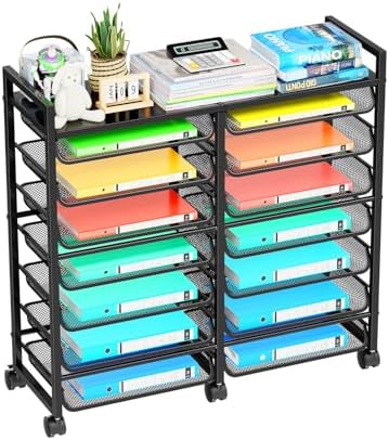 Simple Trending 15-Tier Rolling File Cart, Desk File Organizer with 14 Mesh Sliding Trays, Letter & Legal Paper Storage Rolling Utility Cart for Office Home School, Black by SimpleTrending
