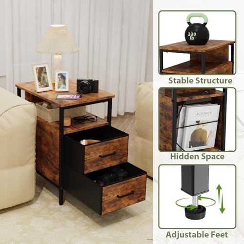 End Table with Charging Station and 2 Fabric Drawers, Vintage Brown - Image 5