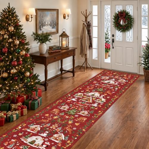 Christmas 2x8 Hallways Runner Rug - Red Santa Claus Kitchen Rugs Non-Slip Washable Entryway Bathroom Rugs Winter Soft Low Pile Floor Carpet for Hallway Bedroom for （2x8，Red） - Image 6