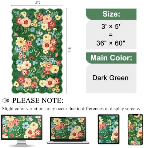 DUKINO 3x5 Area Rugs, Non Slip Floral Washable Rug for Bedroom, Dark Green - Image 2