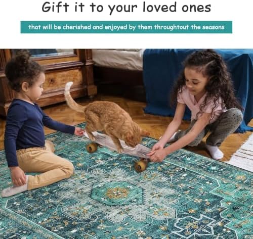 Moynesa Ultra-Thin Washable Vintage Area Rug - 6x9 Teal Large Dining Room Rug for Bedroom, Non-Shed Living Room Mat, Indoor Oriental Medallion Hardwood Floor Carpet for Office Home Decor - Image 5