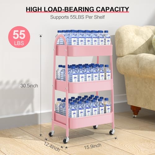EAGMAK 3 Tier Utility Rolling Cart, Metal Storage Cart with Handle and Lockable Wheels, Multifunctional Storage Organizer Trolley with Mesh Baskets for Kitchen, Living Room, Office, Garage (Pink) - Image 6