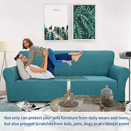 ZNSAYOTX 1 Piece Jacquard Couch Covers for 3 Cushion Couch Living Room High Stretch Sofa Cover Pets Dogs Friendly Anti Slip Thickened Slipcovers Furniture Protector (Sofa, Peacock Blue) - Image 2