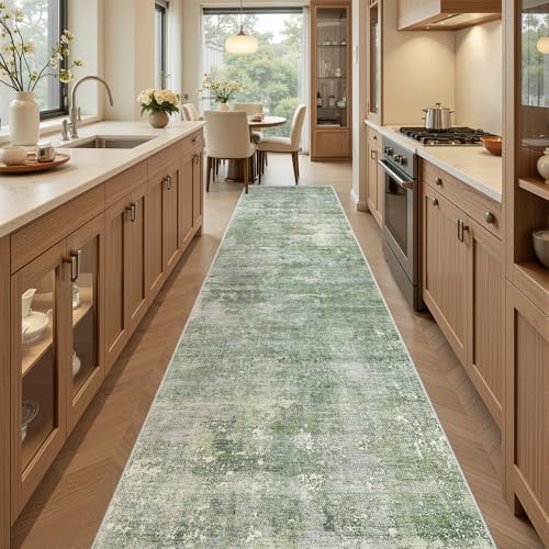 Soalmost Abstract Runner Rug 2x12 Hallway Kitchen Runners Green/Ivory - Image 2