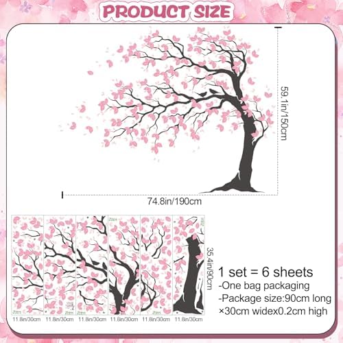 AM AMAONM 74.8x59 Inch Large Watercolor Tree Wall Decals - Peel & Stick Wall Stickers, DIY Removable Wall Art for Kids Living Room, Bedroom, Nursery Decor (Black Trunk Pink Leaves) - Image 2