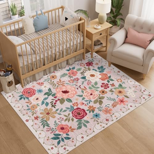 DUKINO 4x5 Area Rug for Entryway, Soft Floral Washable Rug Non Slip, Beige - Image 3