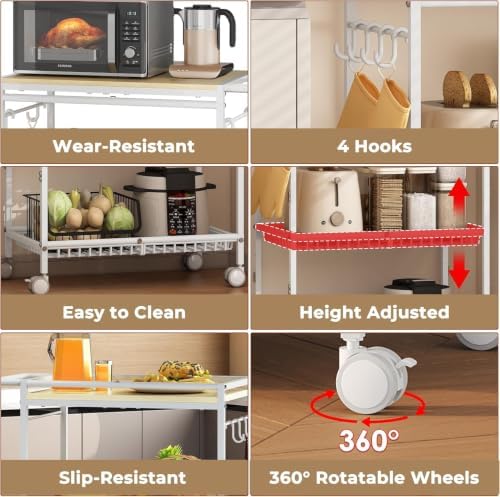 Microwave Kitchen Cart, White Kitchen Shelf with Push Handle, 3 Tier Rolling Microwave Table Stand with 2 Lockable Wheels for Bakers Rack, Kitchen Island, Small Coffee Station - Image 5