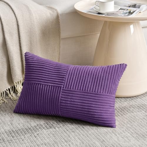 Fancy Homi Set of 2, Purple Patchwork Corduroy Decorative Soft Striped Modern Accent Cushion Case Farmhouse Boho Neutral Throw Pillow Covers for Chair Couch Bed Sofa Living Room 28x20 Inch - Image 2